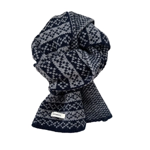 Two-tone wool knit scarf featuring navy blue and grey geometric heart patterns