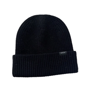 Solid black 100% wool ribbed knit beanie with ear protection for winter warmth