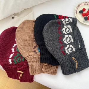 Knitted Balaclava Hat Scarf Integrated With Wood Buttons Floral Pattern Warm Hooded Neck Warmer Winter Outdoor For Women