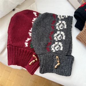 Winter knitted balaclava hood with wood buttons and geometric jacquard pattern for warmth