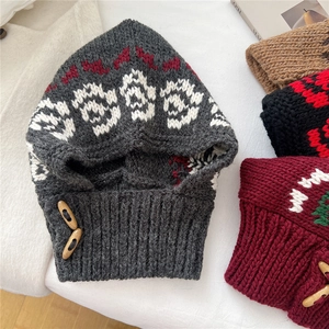 Winter knit hooded balaclava with Nordic jacquard pattern and wooden horn buttons for warmth