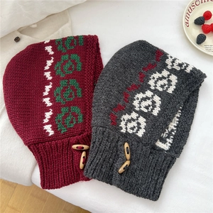 Knitted balaclava hat and scarf set with wooden toggles in dark red and charcoal grey