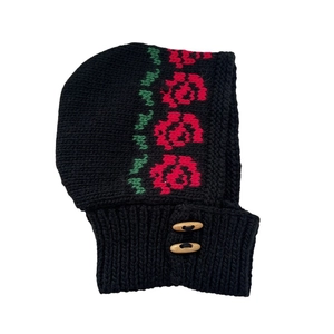 Black knit balaclava hood with red rose pattern and wooden buttons for winter warmth