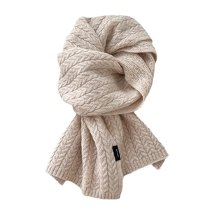 Off-white knitted 100% wool scarf with classic chunky cable pattern for winter warmth