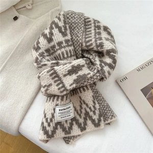 Macro shot of geometric knitted scarf texture with mountain jacquard and premium brand label