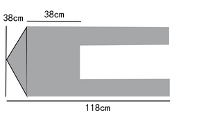 Flat design of grey knit shawl with detailed dimensions showing 118cm length and 38cm width