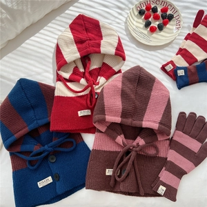 Striped knit balaclava hat and gloves set with drawstring and woven brand label