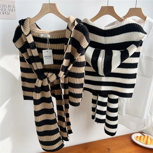 Chic striped hooded knit shawl and cardigan wrap set for women with long tassels