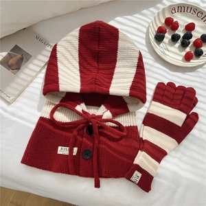Detail of red and white striped knit balaclava scarf with buttons and matching gloves