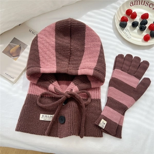 Detail of striped knitted balaclava hood and matching gloves set in brown and pink
