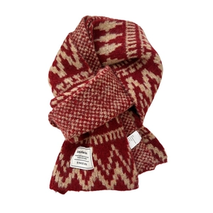 Thick geometric knit scarf in vintage red and beige with soft wave patterns