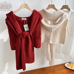 Fashionable striped knitted hooded shawl in vintage red and beige with long ties
