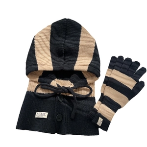 Striped balaclava and gloves set with buttons and hood for winter warmth