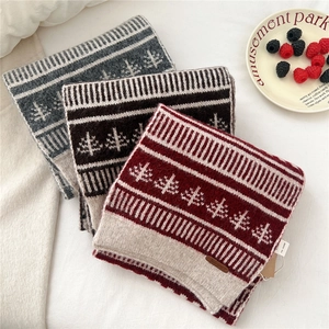 Winter wool blend knit scarf with jacquard fir tree patterns in three stylish colors