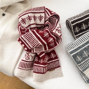Knitted wool blend scarf with Christmas pine tree pattern for winter warmth