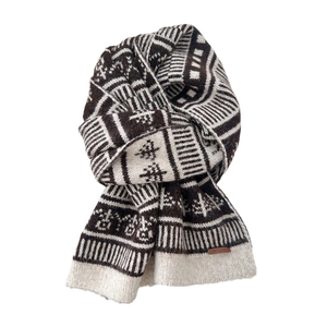 Knitted wool blend scarf with brown Nordic pine patterns and geometric stripes
