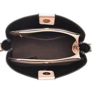 Internal structure of black bucket bag with three compartments and zip pocket