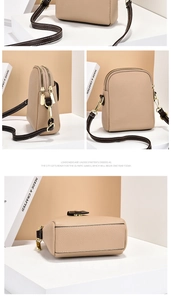 Vues détaillées d'un sac bandoulière beige à motif litchi avec doubles zips dorés