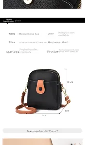 Detailed size chart of the black litchi pattern mini crossbody bag with dimensions