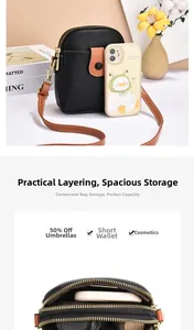 Detail of black pebbled crossbody bag showing organized compartments for umbrella and phone