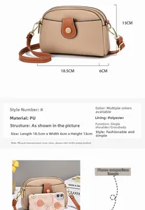 Detail view of small brown PU leather crossbody bag with dimensions and phone size comparison