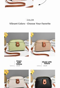 Detailed view of color-block crossbody bag with lychee texture and round buckle décor