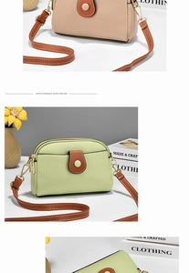 Detail view of mini lychee leather crossbody bags in pastel orange and light green colors