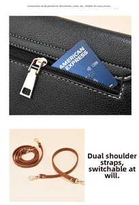 Detail of black pebbled leather mini crossbody bag with hidden back zipper pocket