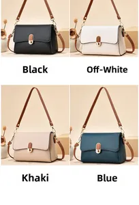 Collage of four lychee texture crossbody bags in black, beige, khaki and blue with metal locks