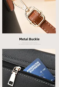 Detail showing gold hardware hook and leather card pocket on black textured handbag