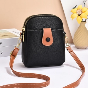 Women's black litchi pattern mini crossbody phone bag with brown leather strap and gold zippers