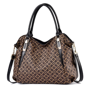 Classic floral print tote bag with black handles and detachable shoulder strap in brown
