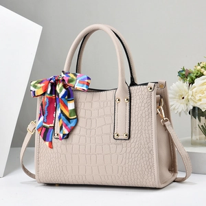 Women Handbag Crocodile Embossed PU Leather Tote With Scarf Decor Fashion Shoulder Crossbody Commuter Bag