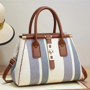 Women Retro Stripe Woven Handbag Large Capacity PU Leather Trim Shoulder Bag With Metal Lock Crossbody Bag Daily Vacation