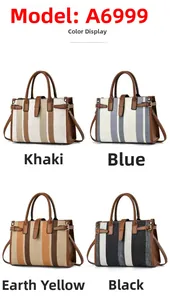 Detailed comparison of four color variants of striped canvas and leather shoulder bags