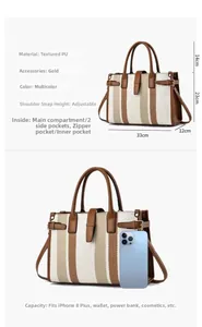 Detailed size chart of beige and brown tote bag showing dimensions and phone comparison
