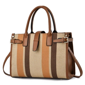 Women Handbag Striped Canvas PU Leather Patchwork Crossbody Tote Bag Top Handle Large Capacity Fashion Daily Style