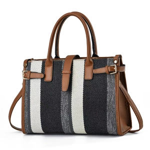 Three-tone vertical striped canvas tote bag with brown leather trim and shoulder strap