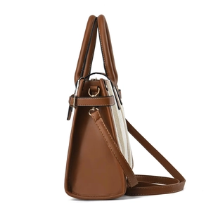 Brown leather and canvas拼接 shoulder bag for women with elegant gold hardware detail