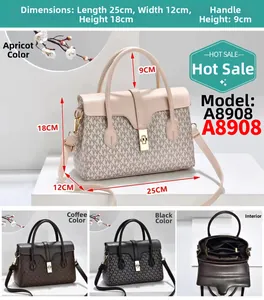 Detail view of stylish patterned tote bags in apricot and coffee with dimension specs