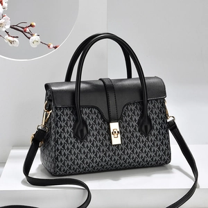 Chic grey canvas handbag with black leather flap and WKW monogram pattern for women