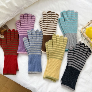 Striped knit touch screen gloves for women in multiple colors with ribbed cuffs