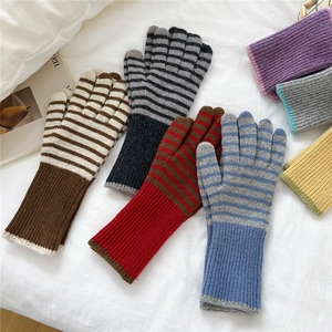 Winter striped knit gloves with touchscreen two-finger design and warm ribbed cuffs