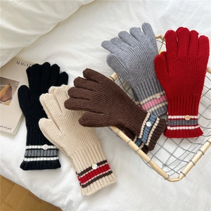 Striped knit touch screen fingerless gloves for women in five colors with button detail