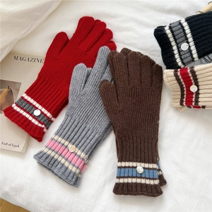 Striped knit touch screen gloves for women featuring vintage ribbed textures and buttons