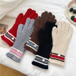Striped knit gloves for women in five colors with button detail and touchscreen design