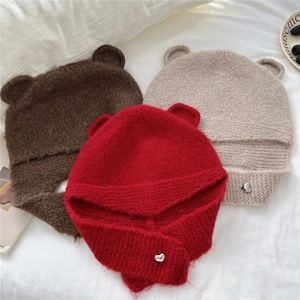 Cagoule Écharpe Tricotée Oreilles D'ours Intégrée Hiver Chaud Protection Des Oreilles Femmes Filles Style Coréen Polyester