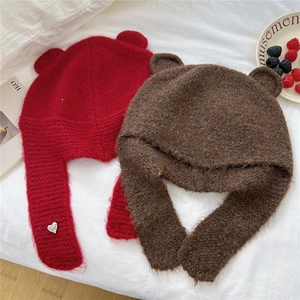 Écharpe à capuche en maille avec oreilles d'ours, rouge et marron, texture peluche