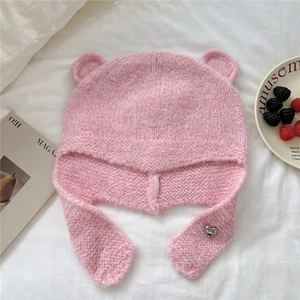 Capuche en tricot rose avec oreilles d'ours et écharpe intégrée chaude pour femme