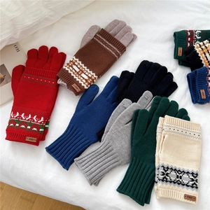 Winter thermal knit gloves with Nordic snowflake patterns in multiple festive colors